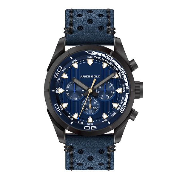 ARIES GOLD ANALOG ENDURO BLACK STAINLESS STEEL G 7006Z BK-BU BLUE LEATHER STRAP MEN'S WATCH